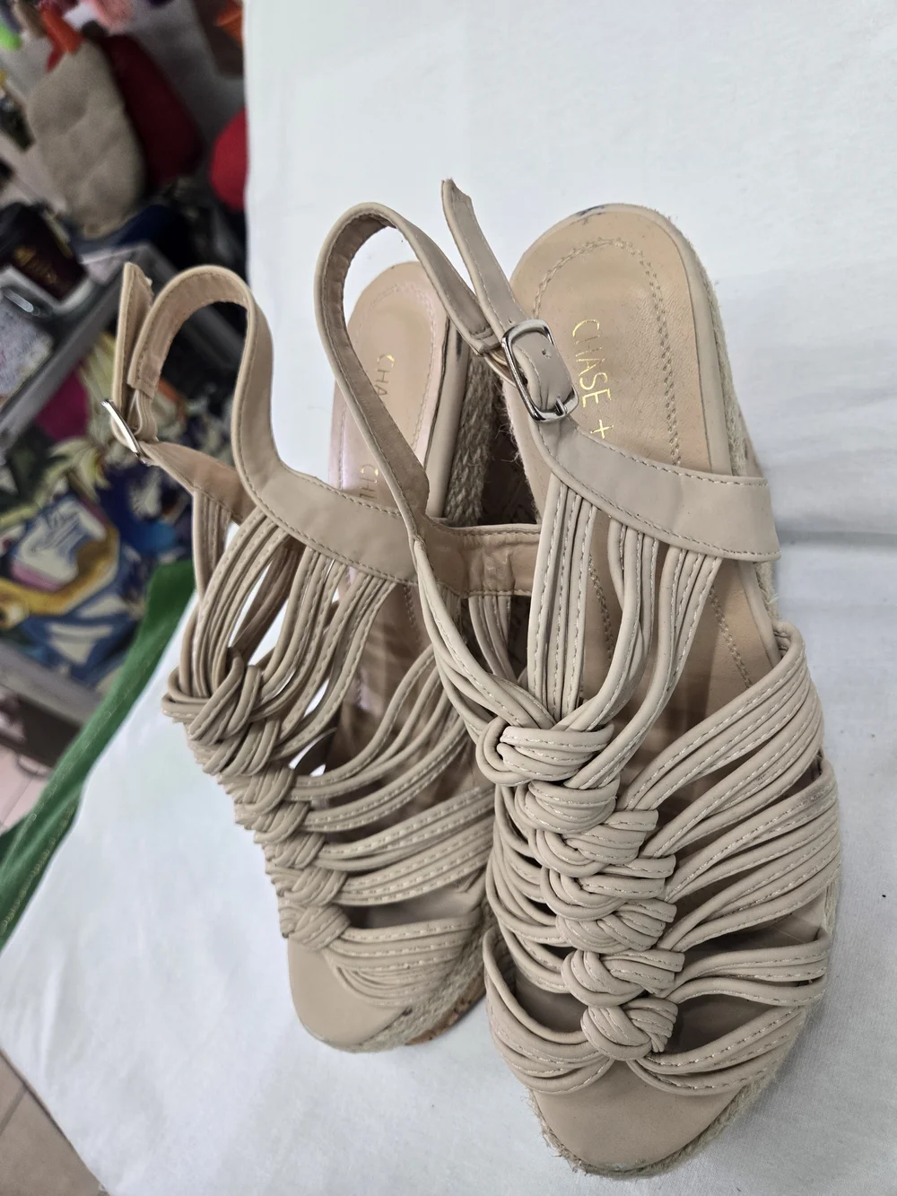 Chase + Chloe Beige Braided Cork Platform Wedge Sandals